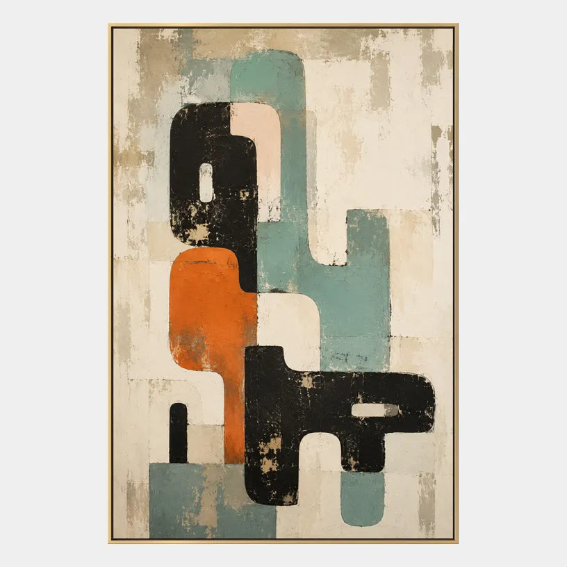 Wabi-Sabi abstract oil painting showing layered abstract marks, texture and expressive painterly movement in a beige palette.