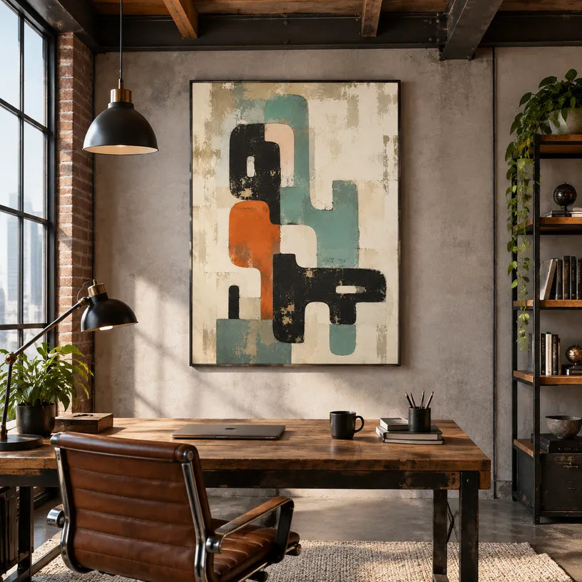 Wabi-Sabi abstract oil painting showing layered abstract marks, texture and expressive painterly movement in a beige palette.