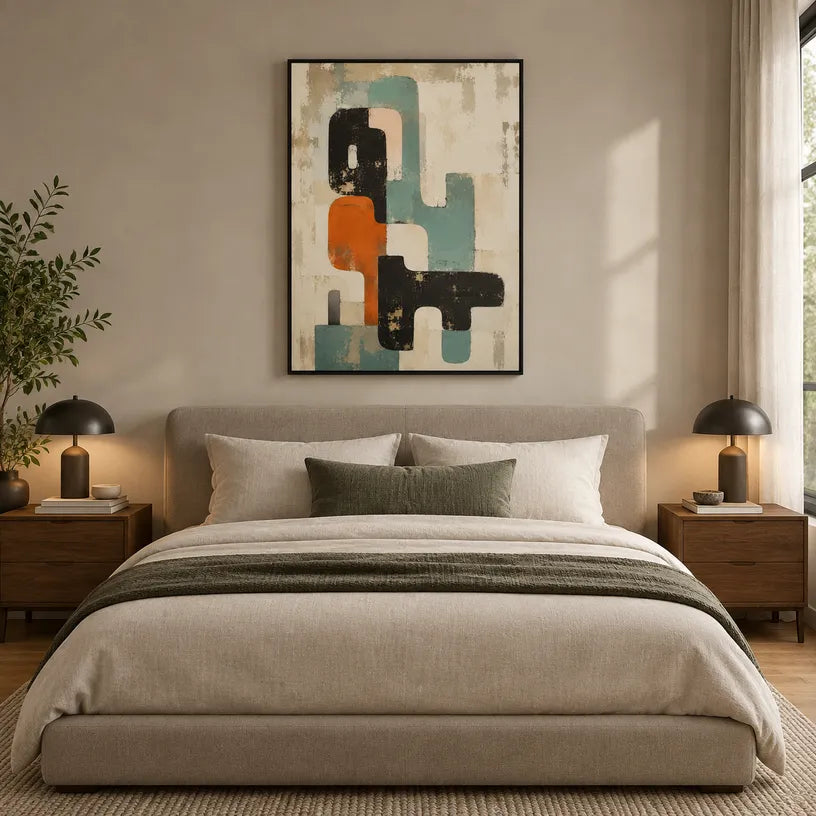 Wabi-Sabi abstract oil painting showing layered abstract marks, texture and expressive painterly movement in a beige palette.