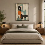 Wabi-Sabi abstract oil painting showing layered abstract marks, texture and expressive painterly movement in a beige palette.