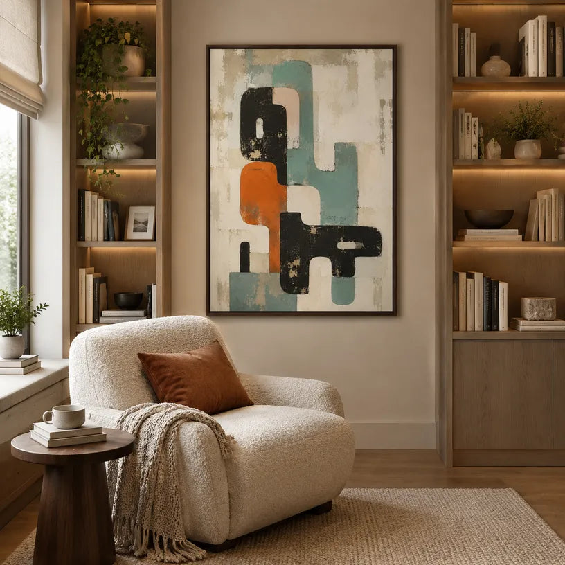 Wabi-Sabi abstract oil painting showing layered abstract marks, texture and expressive painterly movement in a beige palette.
