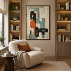 Wabi-Sabi abstract oil painting showing layered abstract marks, texture and expressive painterly movement in a beige palette.