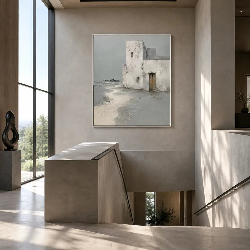 Wabi-Sabi abstract oil painting showing layered abstract marks, texture and expressive painterly movement in a grey palette.