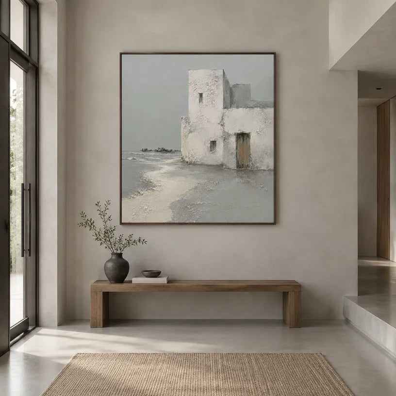Wabi-Sabi abstract oil painting showing layered abstract marks, texture and expressive painterly movement in a grey palette.