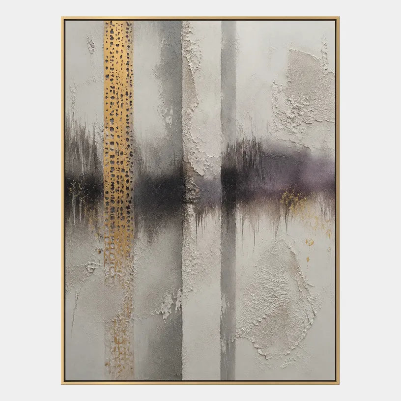 Wabi-Sabi abstract oil painting showing layered abstract marks, texture and expressive painterly movement in a grey palette.
