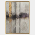Pittura a olio astratta e concettuale Wabi-Sabi con segni astratti stratificati, consistenza e movimento pittorico espressivo in una tavolozza grigia.