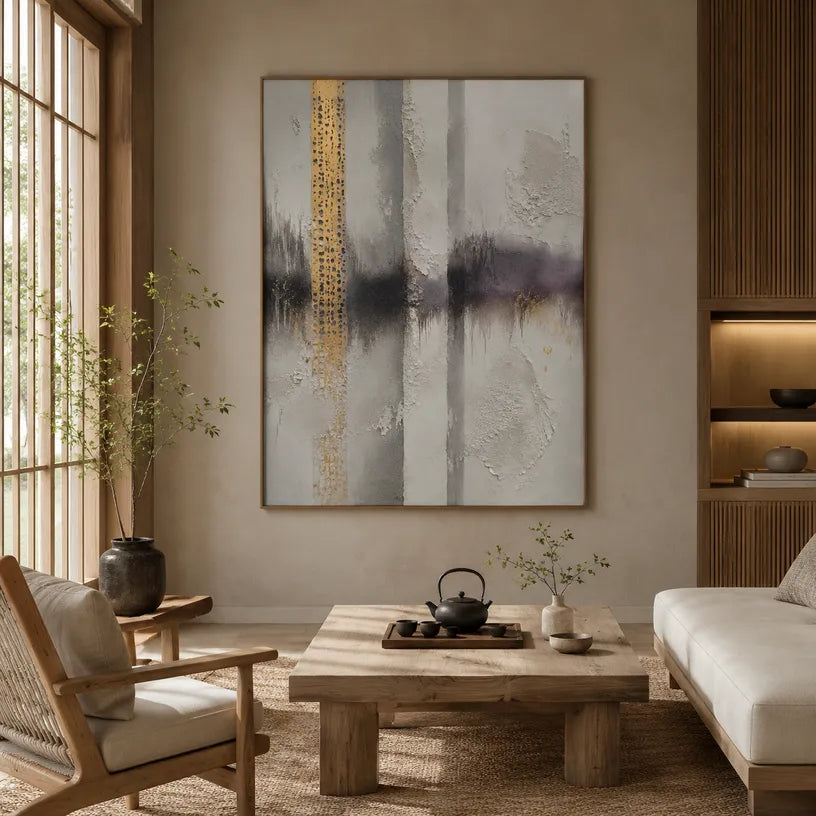 Wabi-Sabi abstract oil painting showing layered abstract marks, texture and expressive painterly movement in a grey palette.