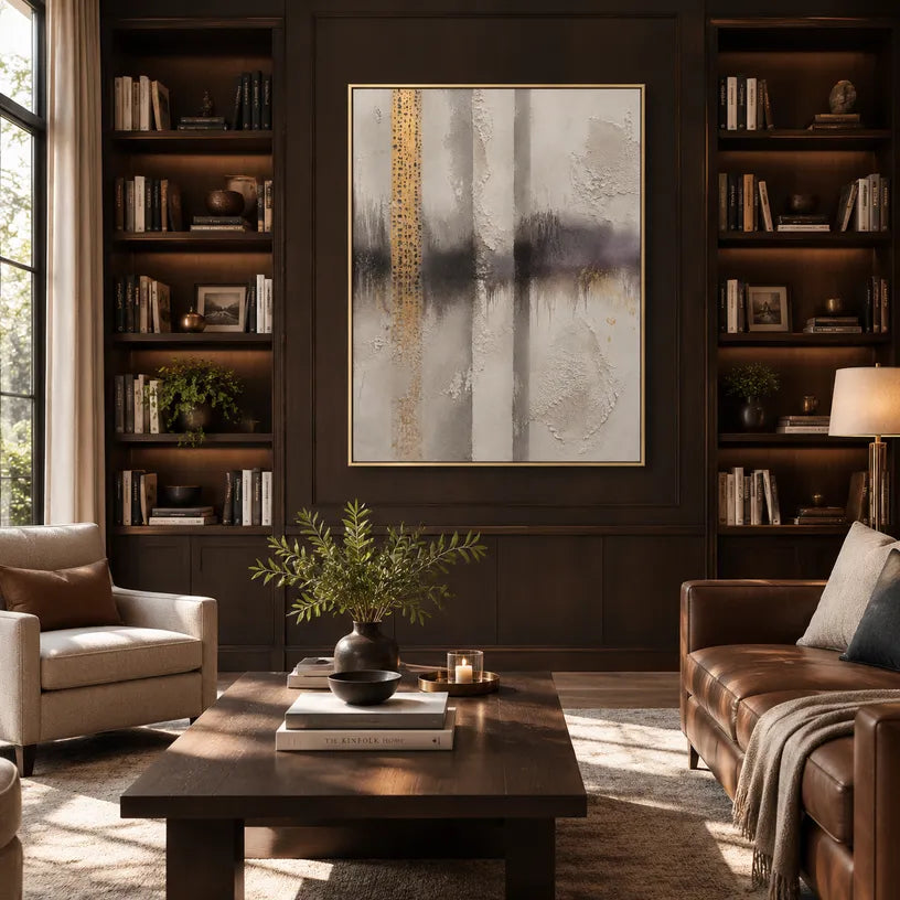 Wabi-Sabi abstract oil painting showing layered abstract marks, texture and expressive painterly movement in a grey palette.
