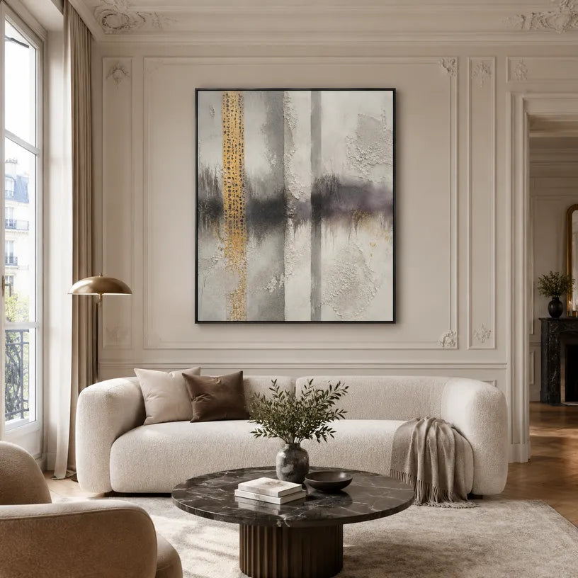 Wabi-Sabi abstract oil painting showing layered abstract marks, texture and expressive painterly movement in a grey palette.