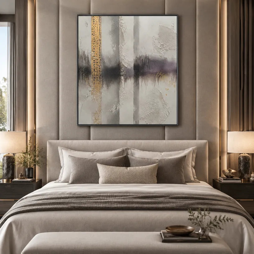Wabi-Sabi abstract oil painting showing layered abstract marks, texture and expressive painterly movement in a grey palette.