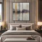 Wabi-Sabi abstract oil painting showing layered abstract marks, texture and expressive painterly movement in a grey palette.