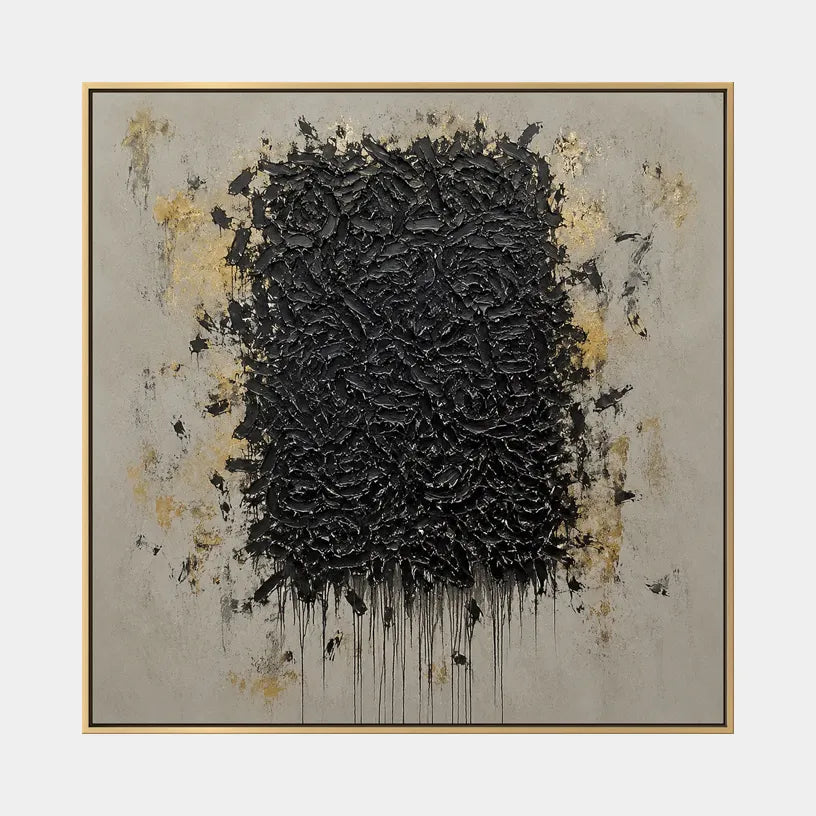 Wabi-Sabi abstract oil painting showing layered abstract marks, texture and expressive painterly movement in a yellow palette.