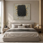 Wabi-Sabi abstract oil painting showing layered abstract marks, texture and expressive painterly movement in a yellow palette.