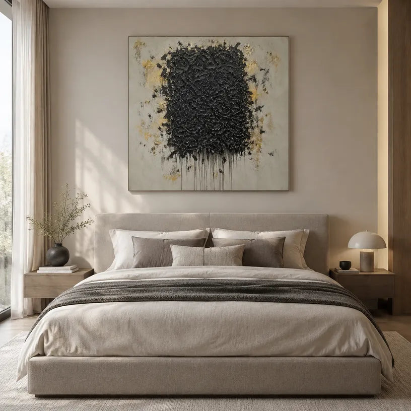 Wabi-Sabi abstract oil painting showing layered abstract marks, texture and expressive painterly movement in a yellow palette.
