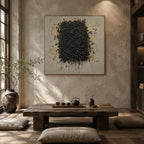 Wabi-Sabi abstract oil painting showing layered abstract marks, texture and expressive painterly movement in a yellow palette.