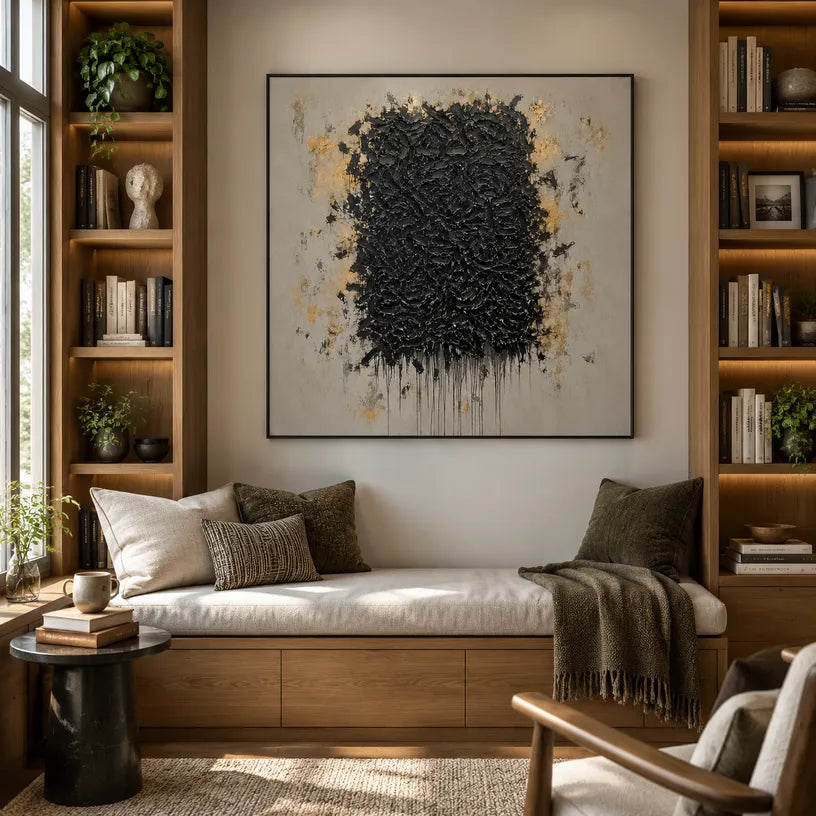 Wabi-Sabi abstract oil painting showing layered abstract marks, texture and expressive painterly movement in a yellow palette.
