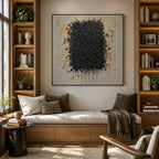 Wabi-Sabi abstract oil painting showing layered abstract marks, texture and expressive painterly movement in a yellow palette.