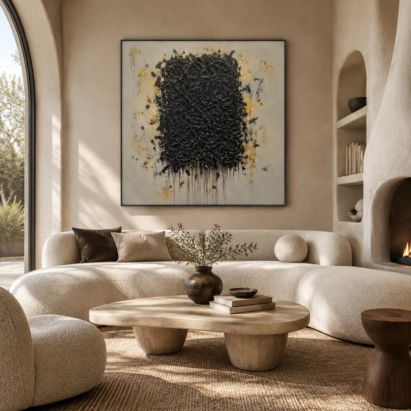 Wabi-Sabi abstract oil painting showing layered abstract marks, texture and expressive painterly movement in a yellow palette.