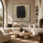 Wabi-Sabi abstract oil painting showing layered abstract marks, texture and expressive painterly movement in a yellow palette.