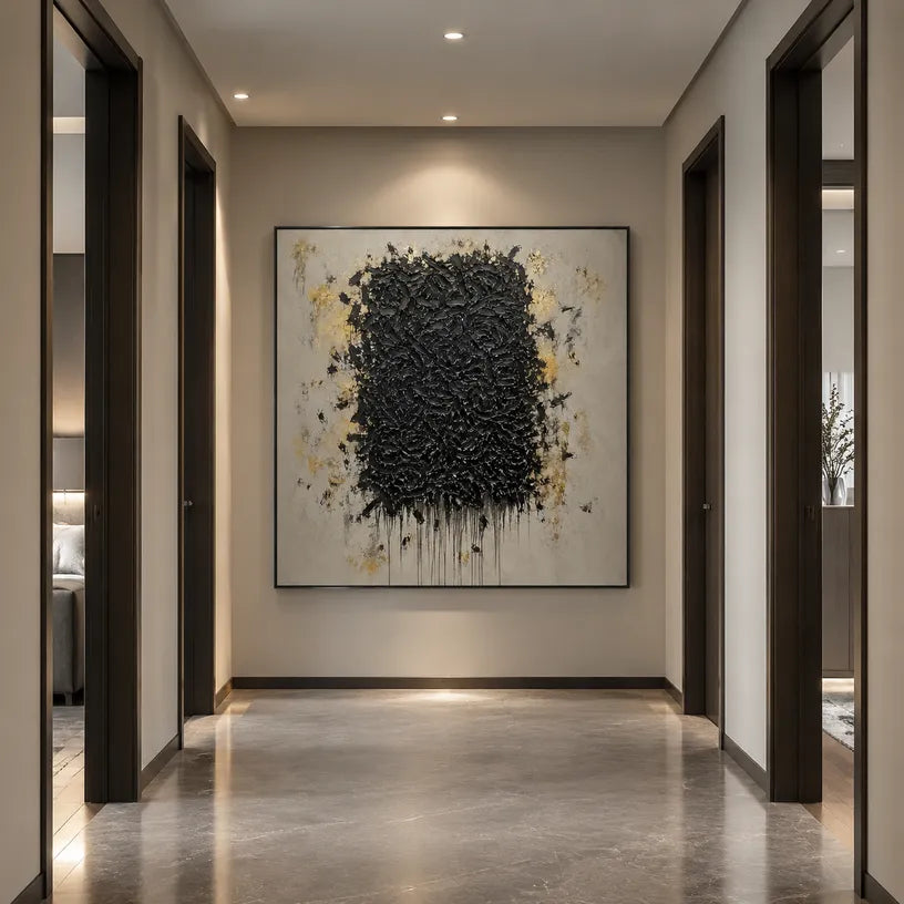 Wabi-Sabi abstract oil painting showing layered abstract marks, texture and expressive painterly movement in a yellow palette.