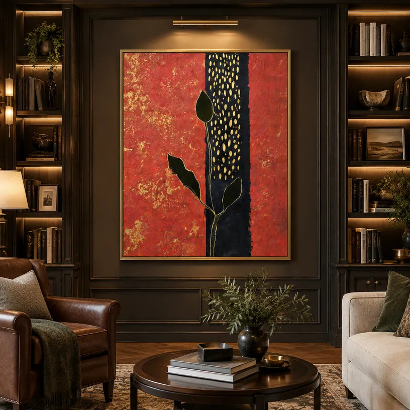 Wabi-Sabi abstract oil painting showing layered abstract marks, texture and expressive painterly movement in a red palette.