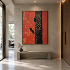 Wabi-Sabi abstract oil painting showing layered abstract marks, texture and expressive painterly movement in a red palette.
