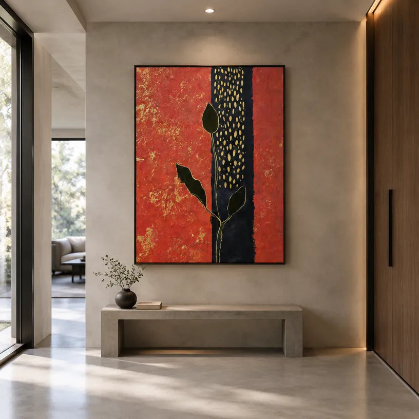 Wabi-Sabi abstract oil painting showing layered abstract marks, texture and expressive painterly movement in a red palette.