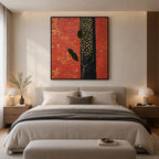 Wabi-Sabi abstract oil painting showing layered abstract marks, texture and expressive painterly movement in a red palette.
