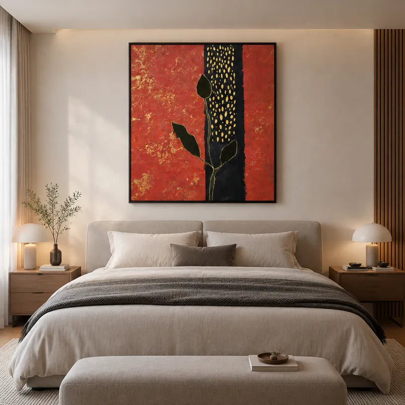 Wabi-Sabi abstract oil painting showing layered abstract marks, texture and expressive painterly movement in a red palette.