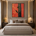 Wabi-Sabi abstract oil painting showing layered abstract marks, texture and expressive painterly movement in a red palette.