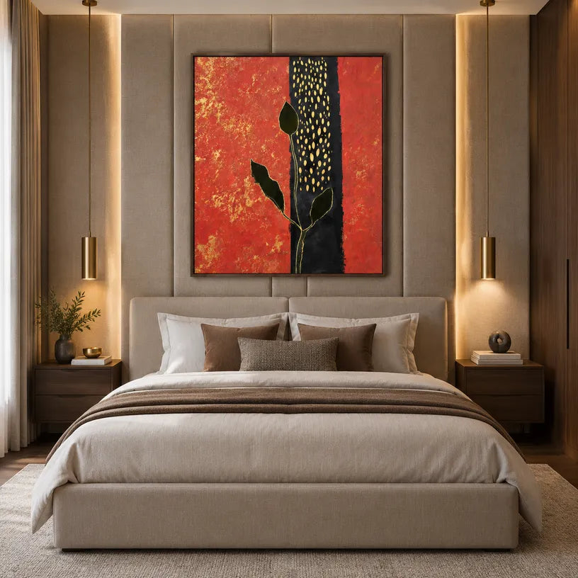 Wabi-Sabi abstract oil painting showing layered abstract marks, texture and expressive painterly movement in a red palette.