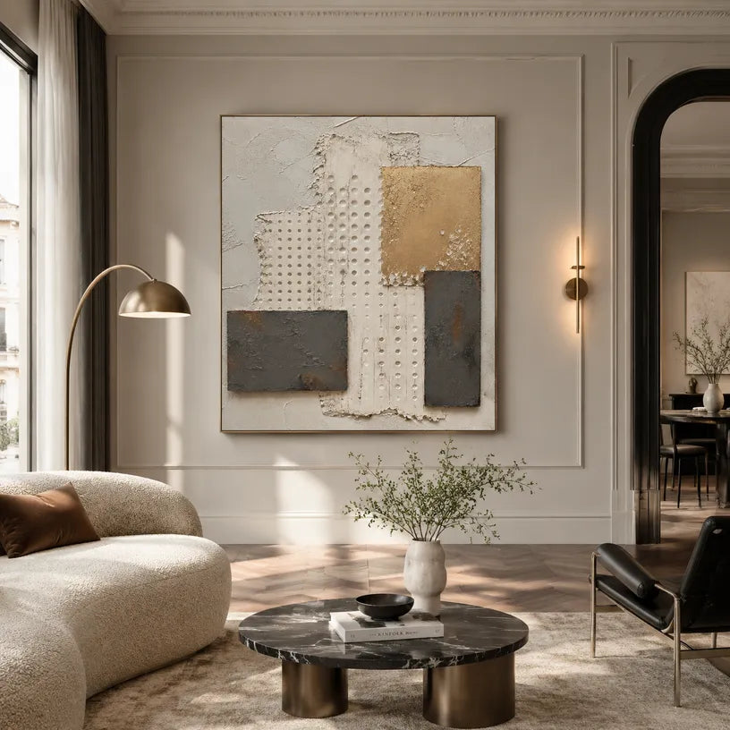 Wabi-Sabi abstract oil painting showing layered abstract marks, texture and expressive painterly movement in a brown palette.