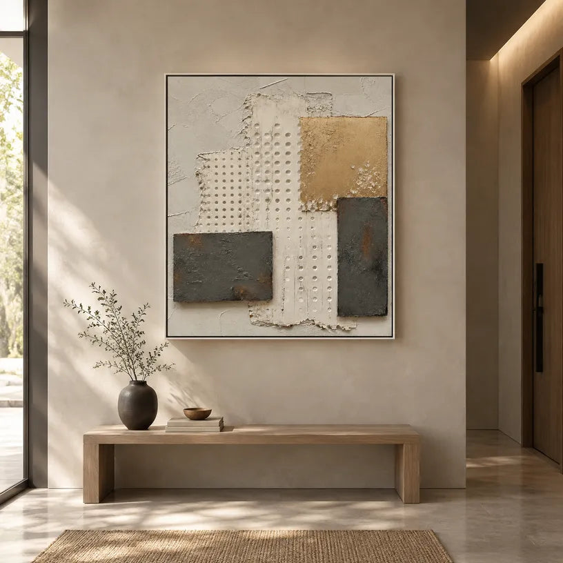 Wabi-Sabi abstract oil painting showing layered abstract marks, texture and expressive painterly movement in a brown palette.