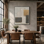 Wabi-Sabi abstract oil painting showing layered abstract marks, texture and expressive painterly movement in a brown palette.