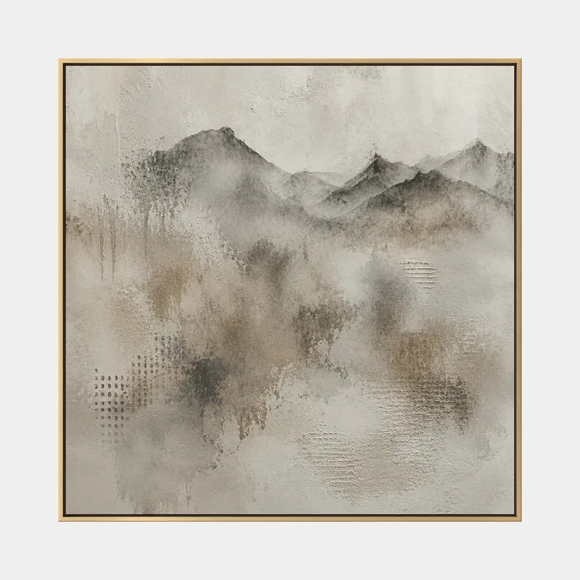 Wabi-Sabi abstract oil painting showing layered abstract marks, texture and expressive painterly movement in a grey palette.