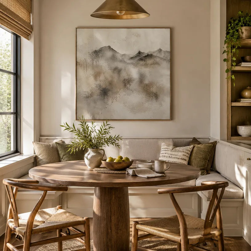 Wabi-Sabi abstract oil painting showing layered abstract marks, texture and expressive painterly movement in a grey palette.