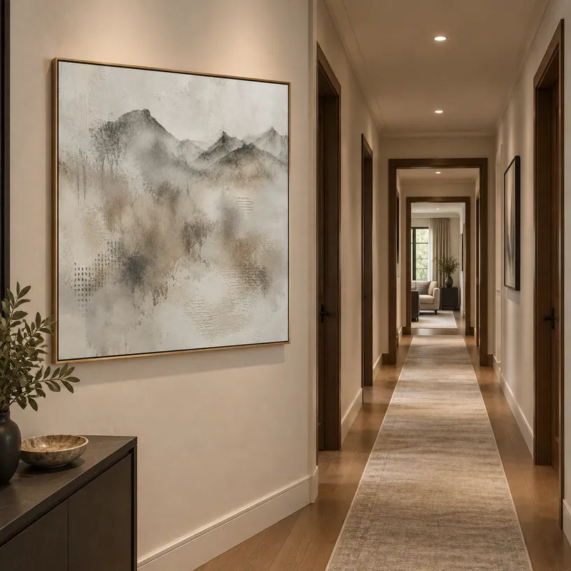 Wabi-Sabi abstract oil painting showing layered abstract marks, texture and expressive painterly movement in a grey palette.