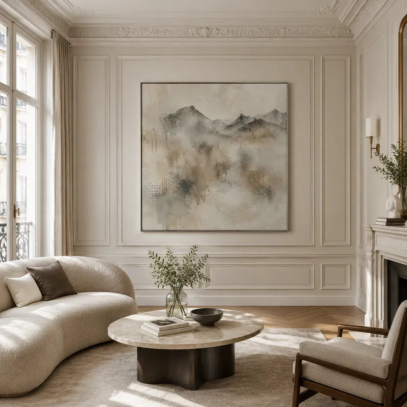 Wabi-Sabi abstract oil painting showing layered abstract marks, texture and expressive painterly movement in a grey palette.