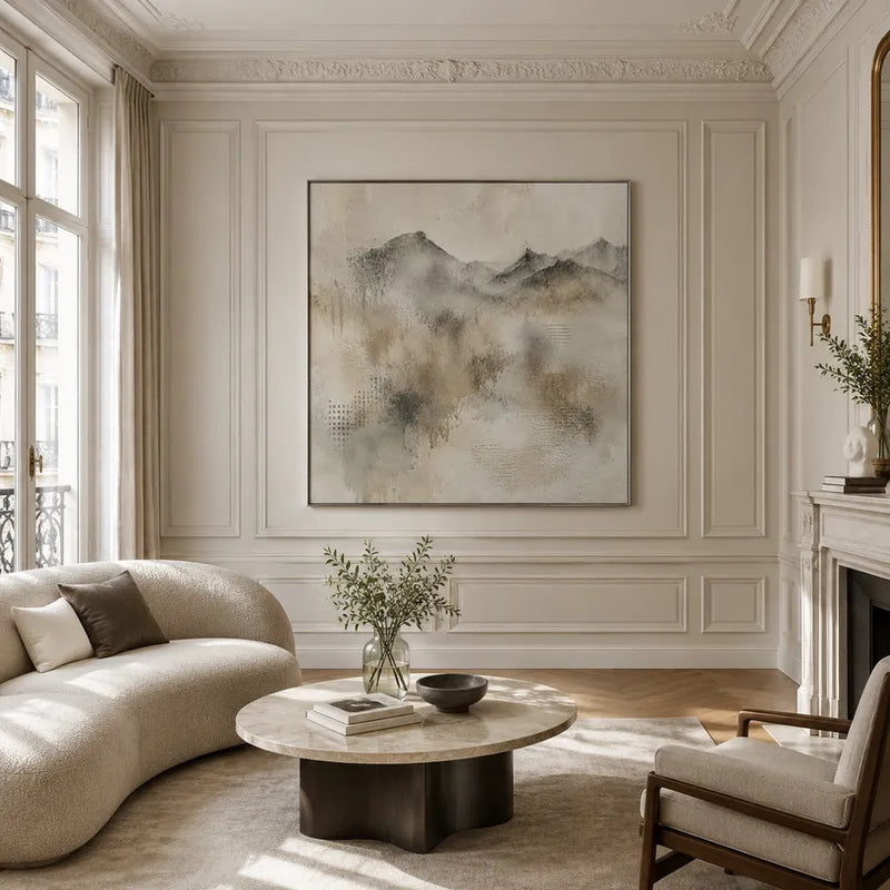 Pittura a olio di paesaggi Wabi-Sabi, paesaggi marini e paesaggi urbani con un paesaggio atmosferico, un paesaggio marino o una composizione ispirata alla città in una tavolozza di grigi.