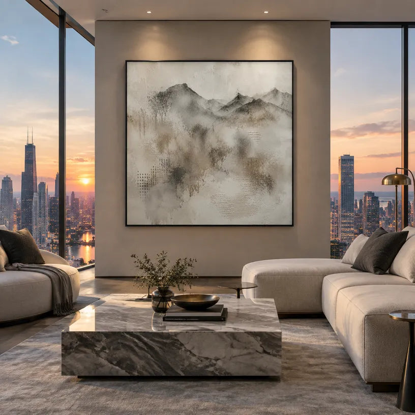 Wabi-Sabi abstract oil painting showing layered abstract marks, texture and expressive painterly movement in a grey palette.
