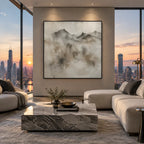 Wabi-Sabi abstract oil painting showing layered abstract marks, texture and expressive painterly movement in a grey palette.