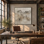 Wabi-Sabi abstract oil painting showing layered abstract marks, texture and expressive painterly movement in a grey palette.