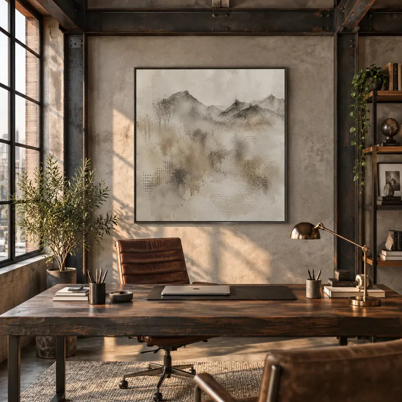 Wabi-Sabi abstract oil painting showing layered abstract marks, texture and expressive painterly movement in a grey palette.