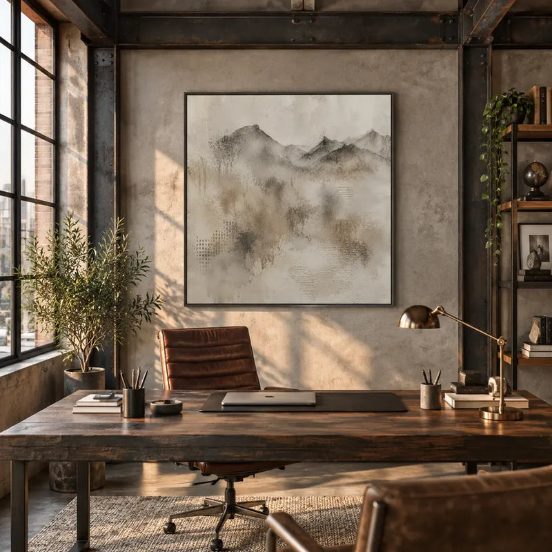 Pittura a olio di paesaggi Wabi-Sabi, paesaggi marini e paesaggi urbani con un paesaggio atmosferico, un paesaggio marino o una composizione ispirata alla città in una tavolozza di grigi.