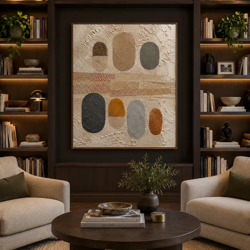 Wabi-Sabi abstract oil painting showing layered abstract marks, texture and expressive painterly movement in a brown palette.