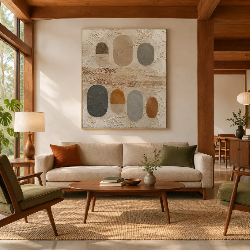 Wabi-Sabi abstract oil painting showing layered abstract marks, texture and expressive painterly movement in a brown palette.