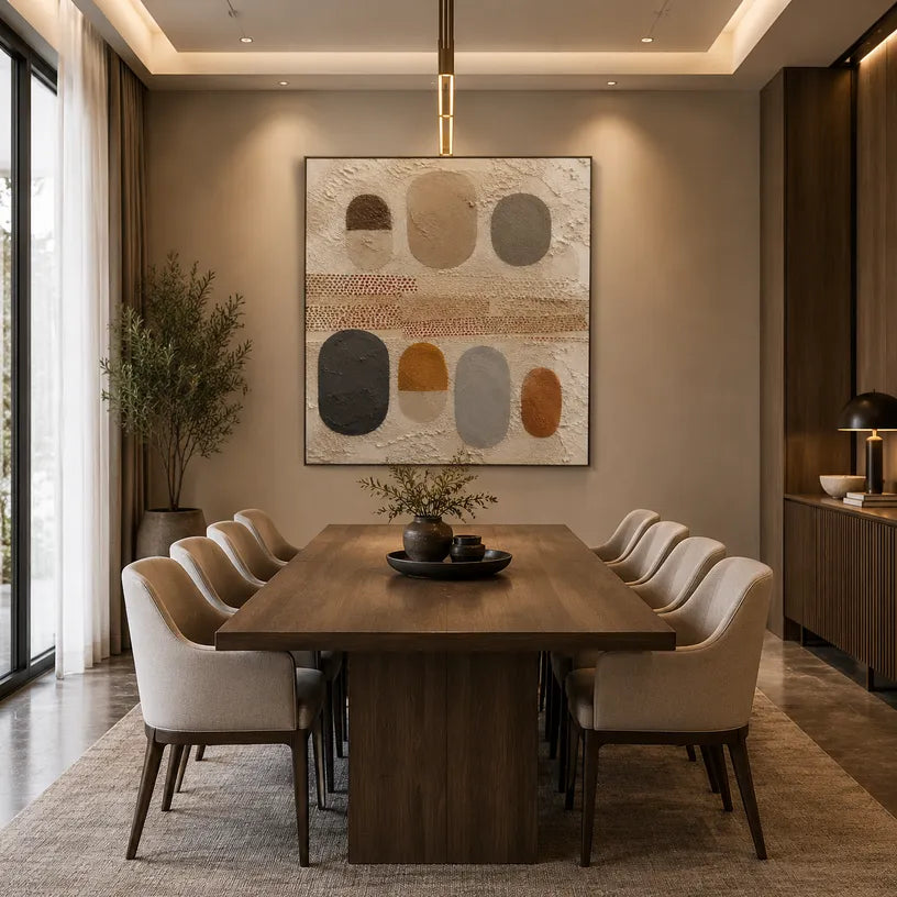 Wabi-Sabi abstract oil painting showing layered abstract marks, texture and expressive painterly movement in a brown palette.