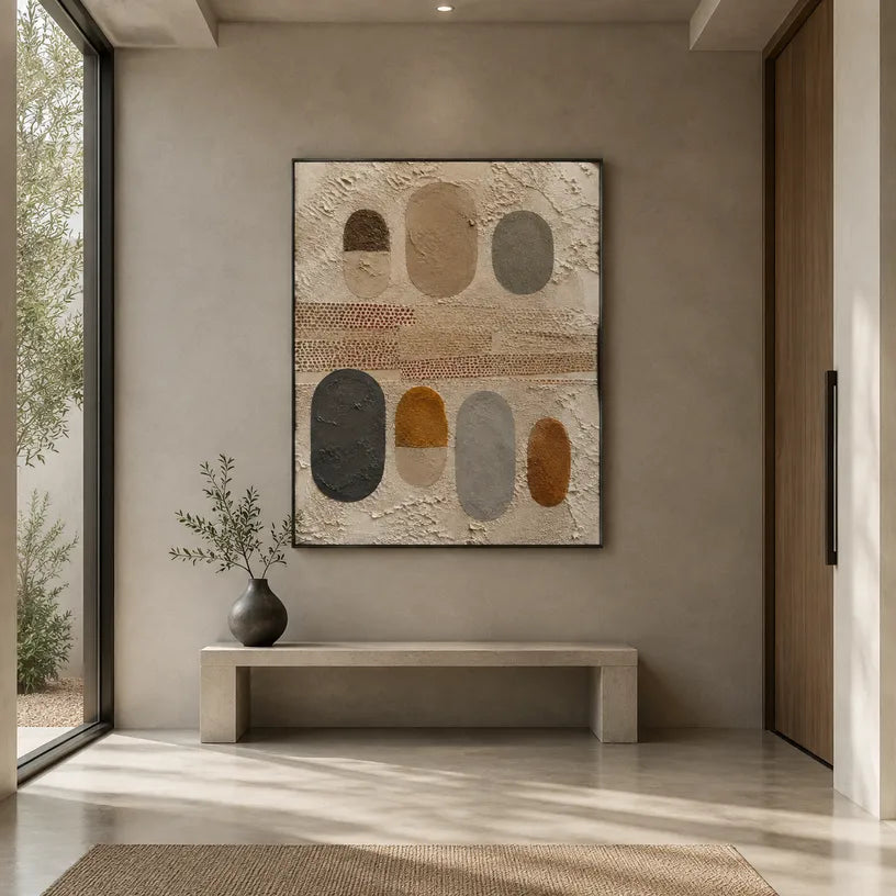 Wabi-Sabi abstract oil painting showing layered abstract marks, texture and expressive painterly movement in a brown palette.