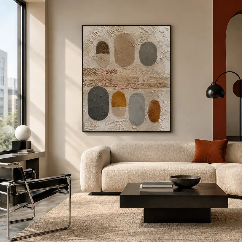 Wabi-Sabi abstract oil painting showing layered abstract marks, texture and expressive painterly movement in a brown palette.