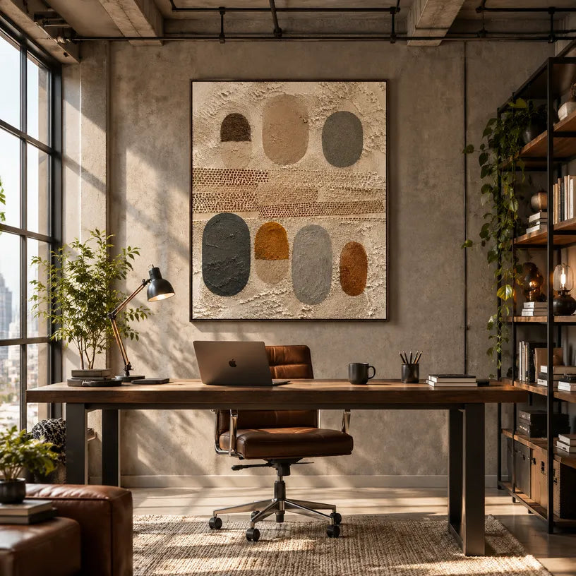 Wabi-Sabi abstract oil painting showing layered abstract marks, texture and expressive painterly movement in a brown palette.